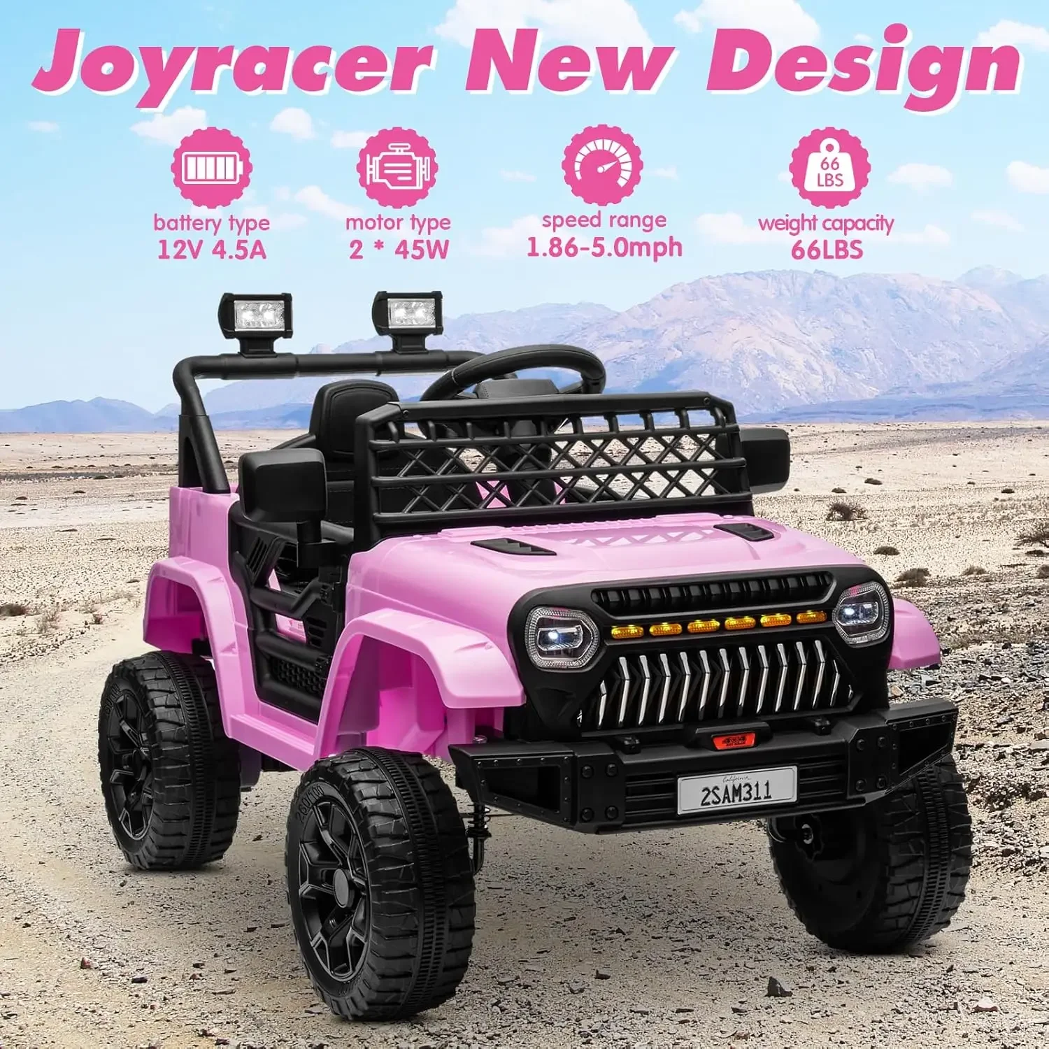 Truck Car 12V Power 4 Wheels w/Remote Control, 3 Speeds, Bluetooth Music, Led Lights, Spring Suspension, Electric Vehicl