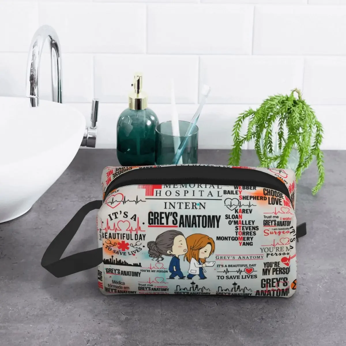 Cute Cartoon Greys Anatomy Quote Collage Travel Toiletry Bag for Women Makeup Cosmetic Bag Beauty Storage Dopp Kit