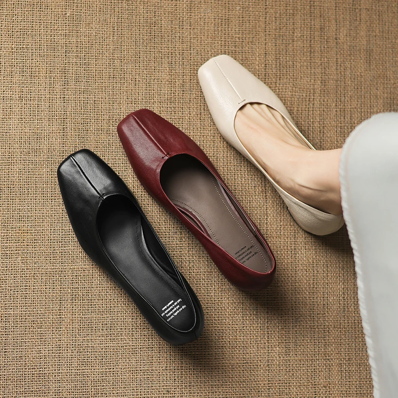 2026 new spring autumn women pumps natural leather 22-25cm sheepskin+cowhide+pigskin square toe loafers thick heel women shoes