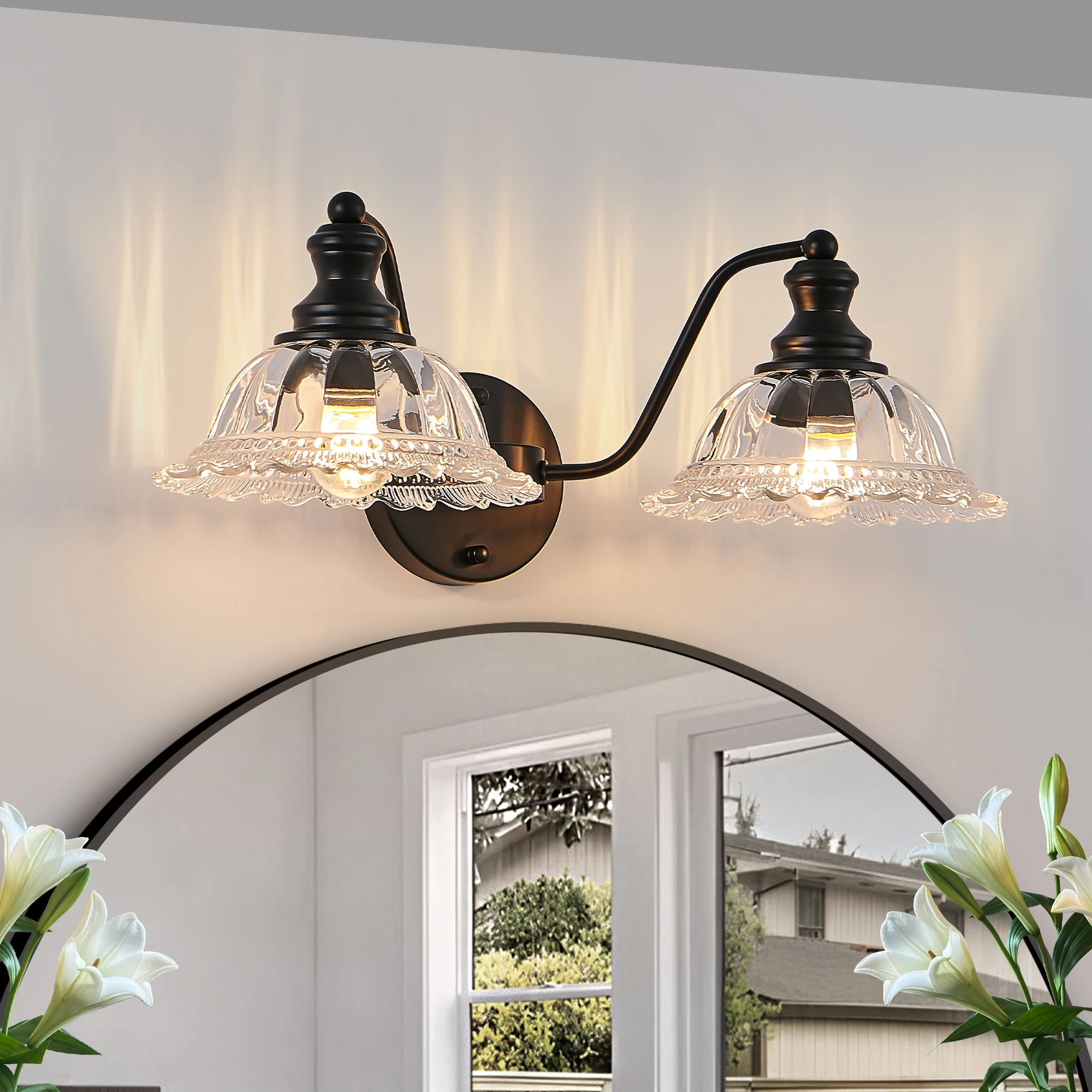 

20 Inch 2-Light Vintage Bathroom Wall Sconce,Elegant Black Metal and Glass Lampshade Vanity Light Fixture (No Bulb)