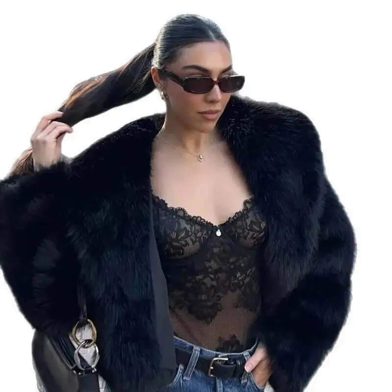 سيدة نمط جديد معطف الفرو الشتاء سميكة الأسود فو الفراء المرأة قصيرة صديقة للبيئة أفخم الفراء سترة #5