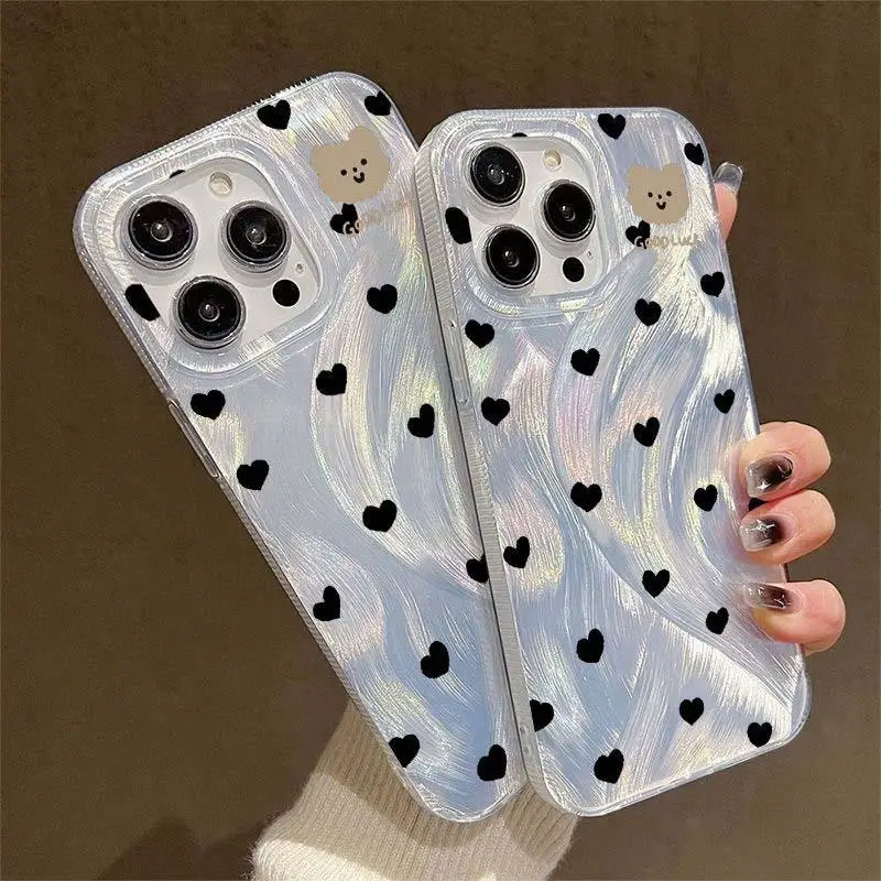 Luxury Laser Silver Love Heart Flower Bow knot Case For IPhone 15 14 13 12 11 Pro XS Max X XR 7 8 Plus Shockproof Bumper Fundas