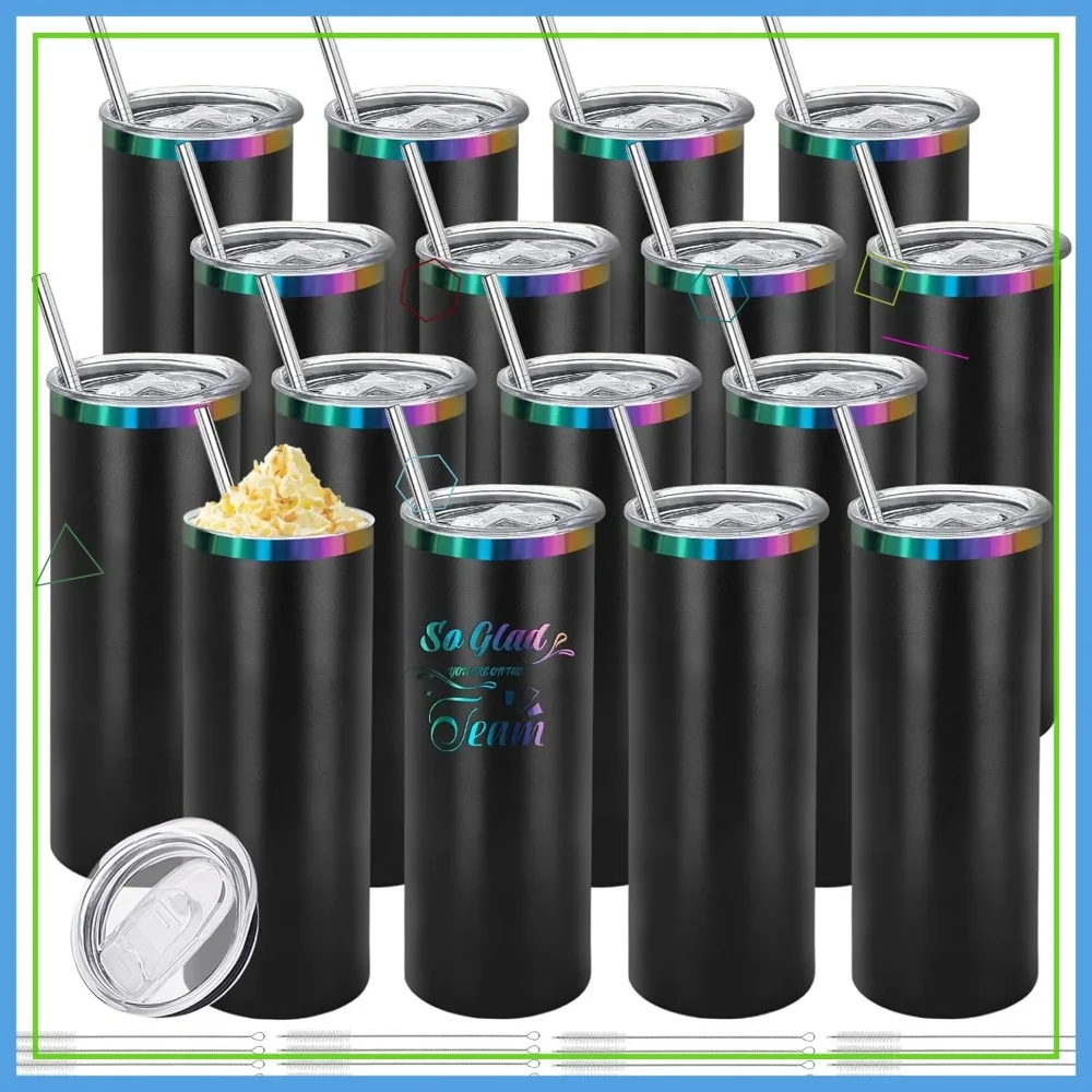 

16 Pack Rainbow Plated Stainless Steel Tumbler, Double Wall Vacuum Insulated, 20oz Black to Iridescent for Laser Engraving