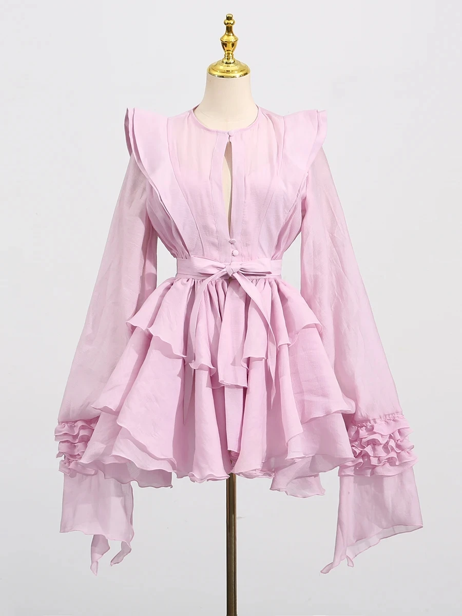 VGH เซ็กซี่ Patchwork Hollow OUT ชุดพัฟสําหรับผู้หญิงรอบคอโคมไฟแขนยาวเอว Spliced Lace Up ชุดเดรสหญิงใหม่