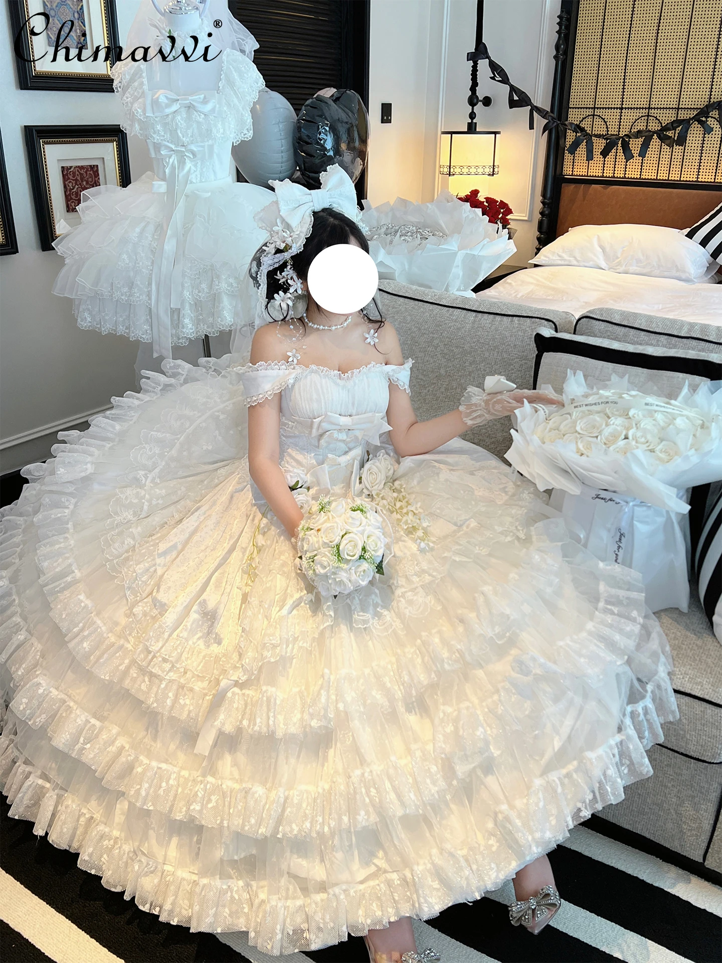 

Autumn Winter Fashion Pure White Heavy Wedding Bridal Evening Dress High-End Super Fairy Princess Birthday Party Dress Women