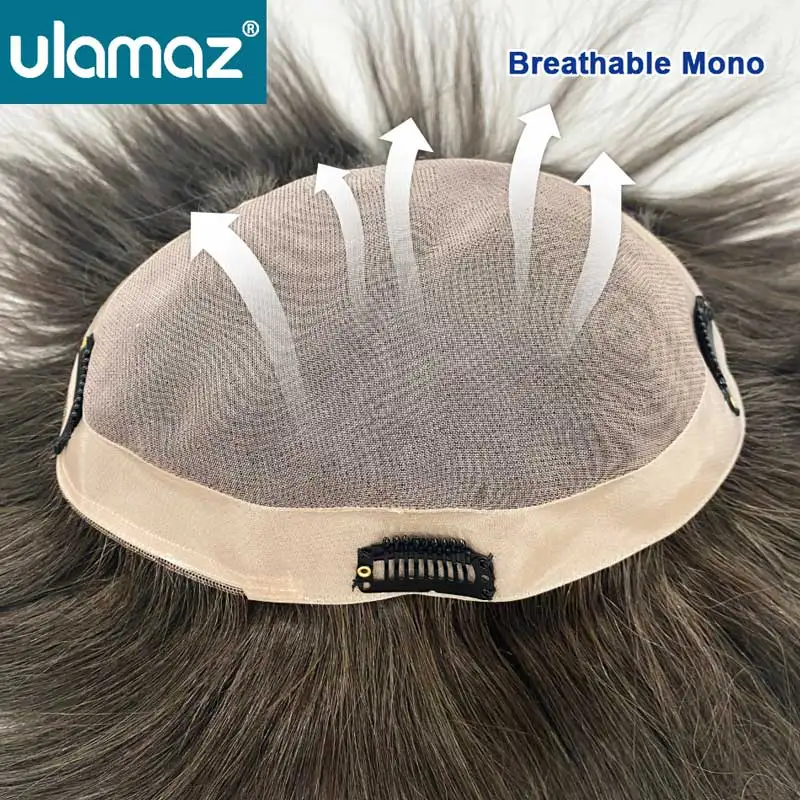 Mono Male Hair Prosthesis Men's Human Hair Wigs With Clips Breathable Hair System Man Wig Capillary Prosthesis Wear and Go Wig