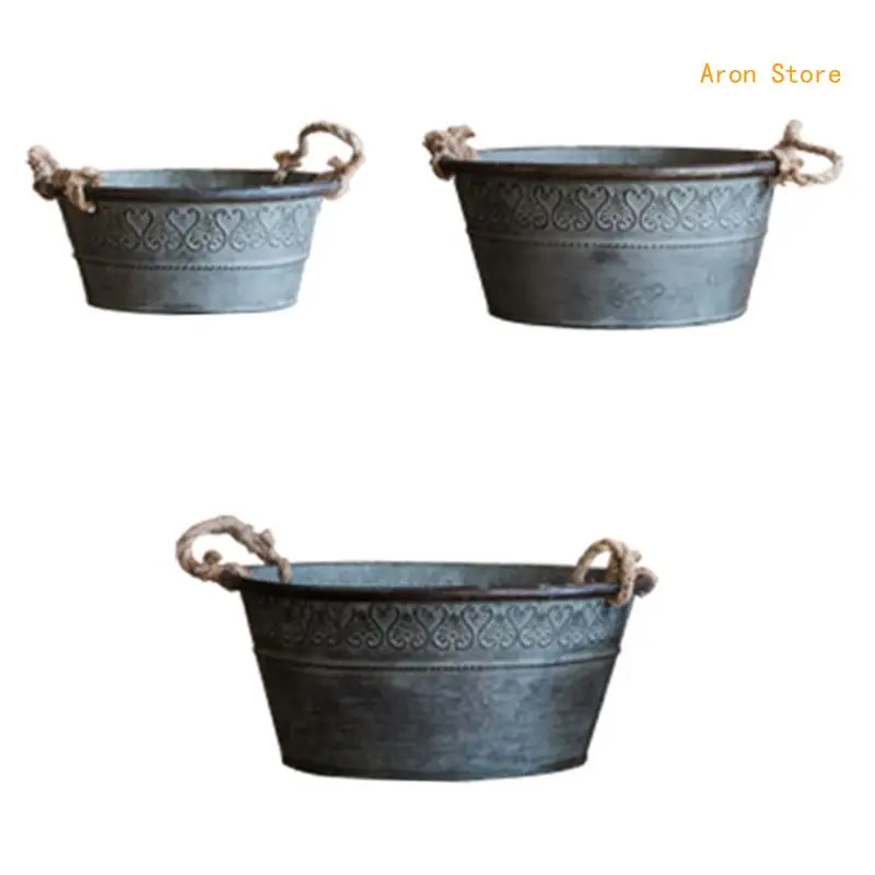 Vintage Metal Round Bucket Planter with Double Handles Rustic Iron Flower Pot H3CF