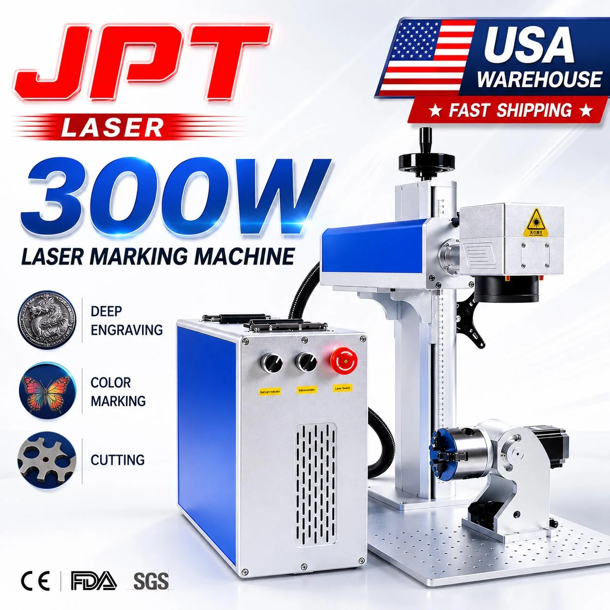 300W JPT Mopa Fiber Metal Wood Glass Plastic Laser Marking Machine Air-cooled Deep Relief Laser Engraving Machine US Stock