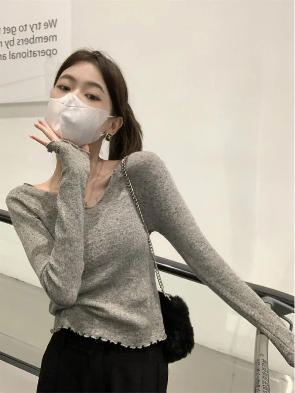 

ay V-Ne Long Sve Knitted T-irt Women's Slim Fit Casual Base irt Top Wood ain Design Sensation Autumn Faion