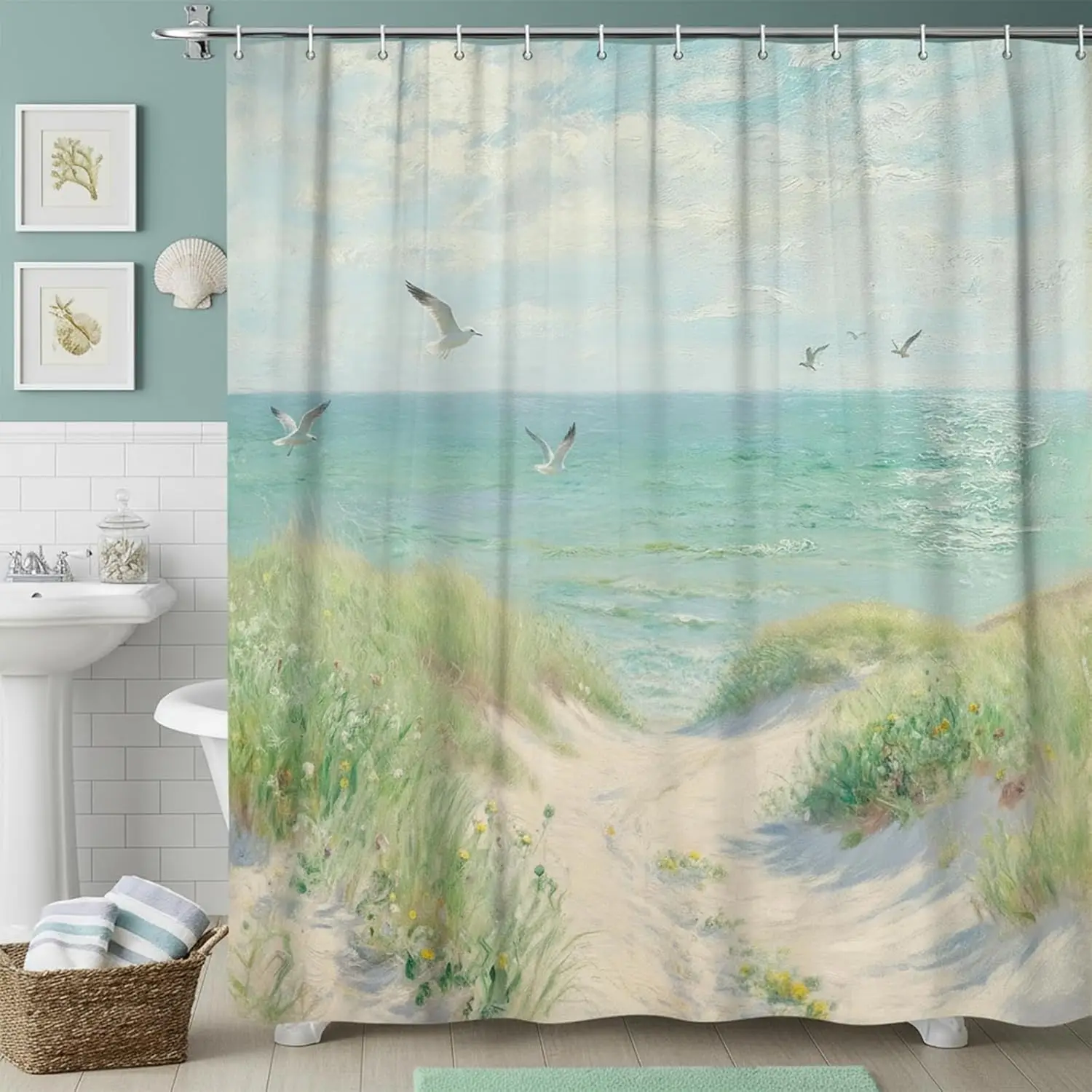 

Beach Shower Curtain, Teal Oil Painting Ocean Sky Summer Hawaiian Coastal Seagull Beachy Nature Landscape Scenery Seaside Fabric