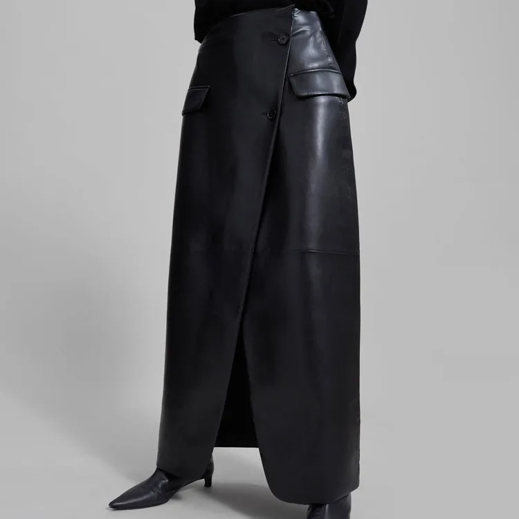 

2026 New Women's Clothing Cross Design PU Leather Skirt Fashion High Waist Split Black Long Skirt