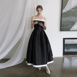 ROSELLA Black A Line Simple 웨딩드레스 Boat Neck Korea Wedding Dress Ankle Length Zipper Up Wedding shoot dress 맞춤웨딩드레스