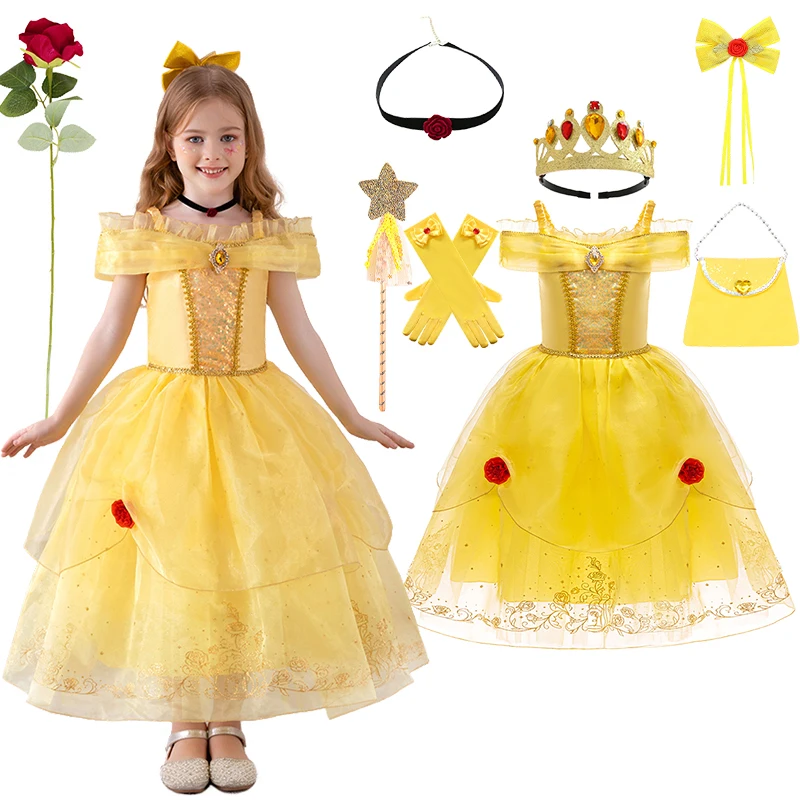 

Летнее красивое платье принцессы Белль, костюм для косплея на Хэллоуин, для маленьких девочек, блестящее пушистое платье с искусственными драгоценностями для представлений