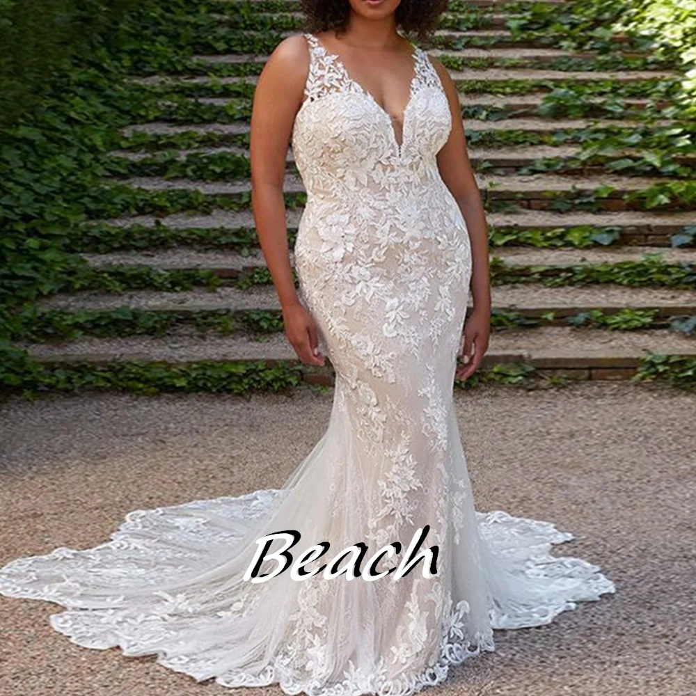 

Beach Deep V Neck Sweep Train Zipper Back Solid ivory Sleeveless Lace Organza Mermaid Plus Size Wedding Dresses For Occasions