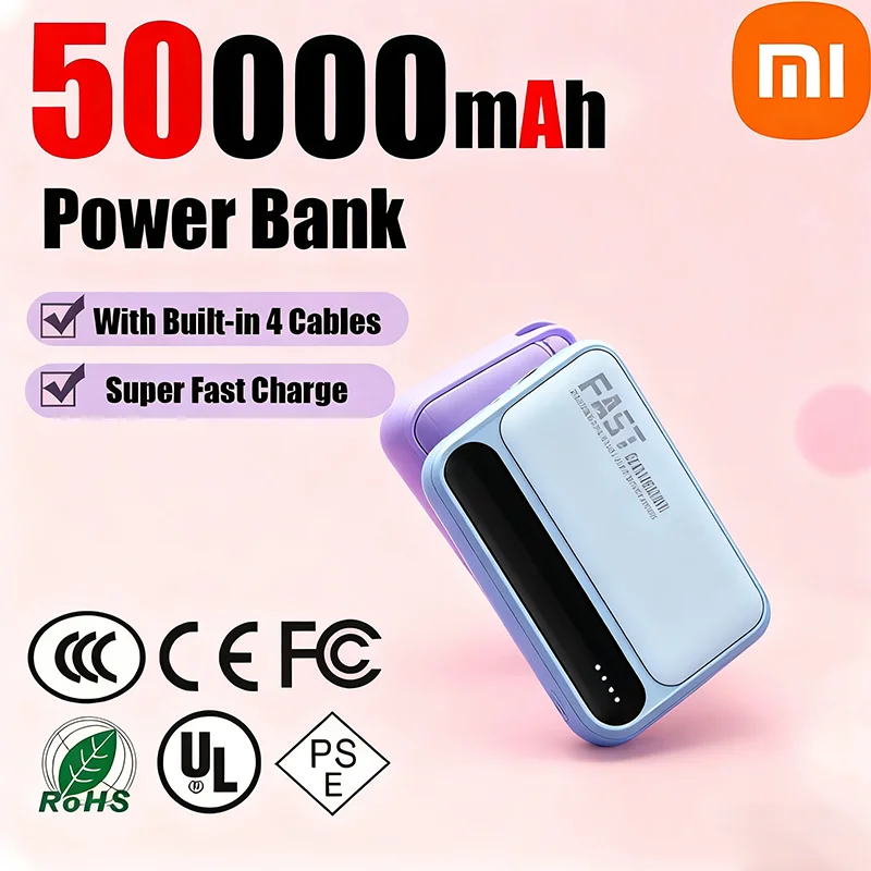 Xiaomi-Banco de energĂa portátil de gran capacidad, 50000mAh, certificaciĂłn CCC, carga sĂşper rápida con baterĂa integrada de 4 cables