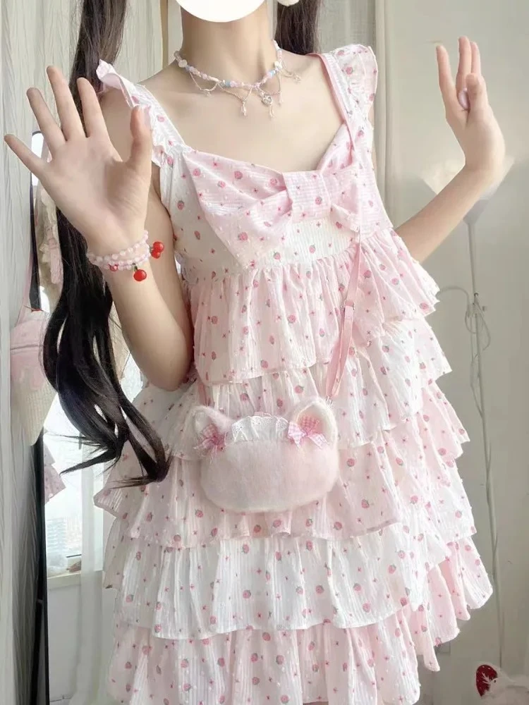 Süßes, gestuftes, ärmelloses Kleid im japanischen Stil mit Tupfen, süßes Mini-Kuchenkleid, Sommer, lässiges, feminines Outfit für Frauen, Neu