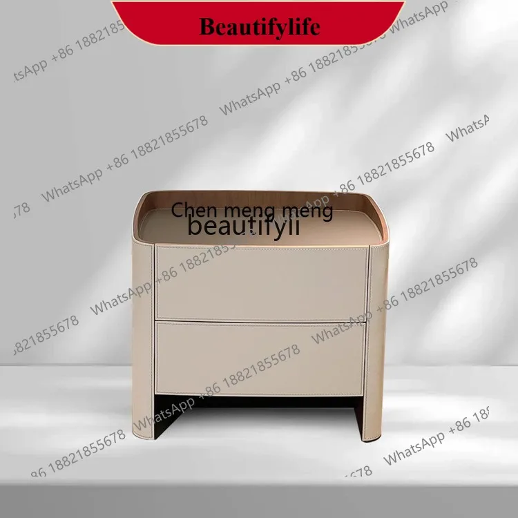 D178 Italian Minimalist Saddle Leather Bedside Table Modern Light Luxury Bedside Cabinet Walnut Bedroom Solid Wood