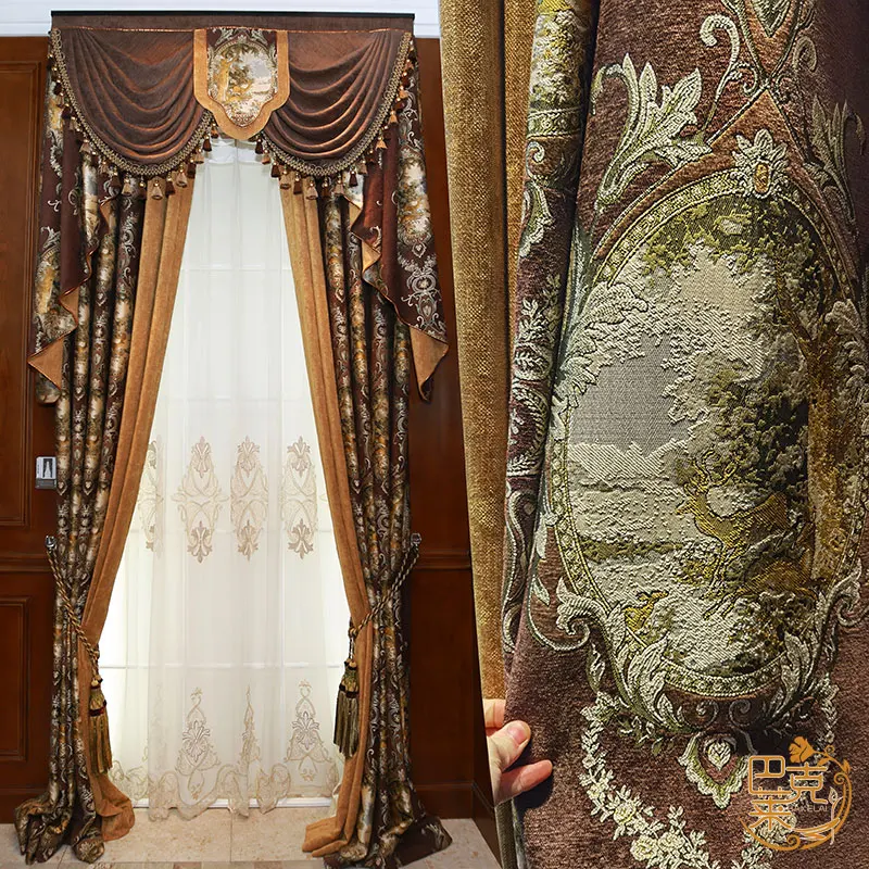 

Custom curtain French retro living room luxury atmosphere coffee Chenille cloth blackout curtain tulle valance drape C1391