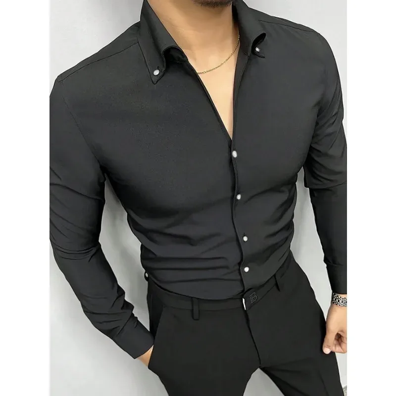 4 Colors!2024 New Men\'s Shirt Solid Color Versatile Casual Lapel Breathable Skin friendly Men\'s Shirt European Size