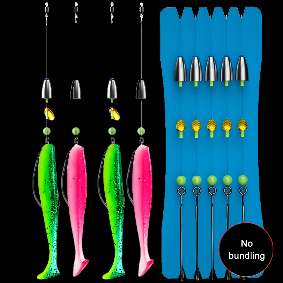 WALK FISH 5 Set Texas Rig Kit 3.5G/5G/7G/10G/14G Jig Head Binded Barbed Hooks Vib Spoon With 10Pcs Fishing Artificial Soft Lure