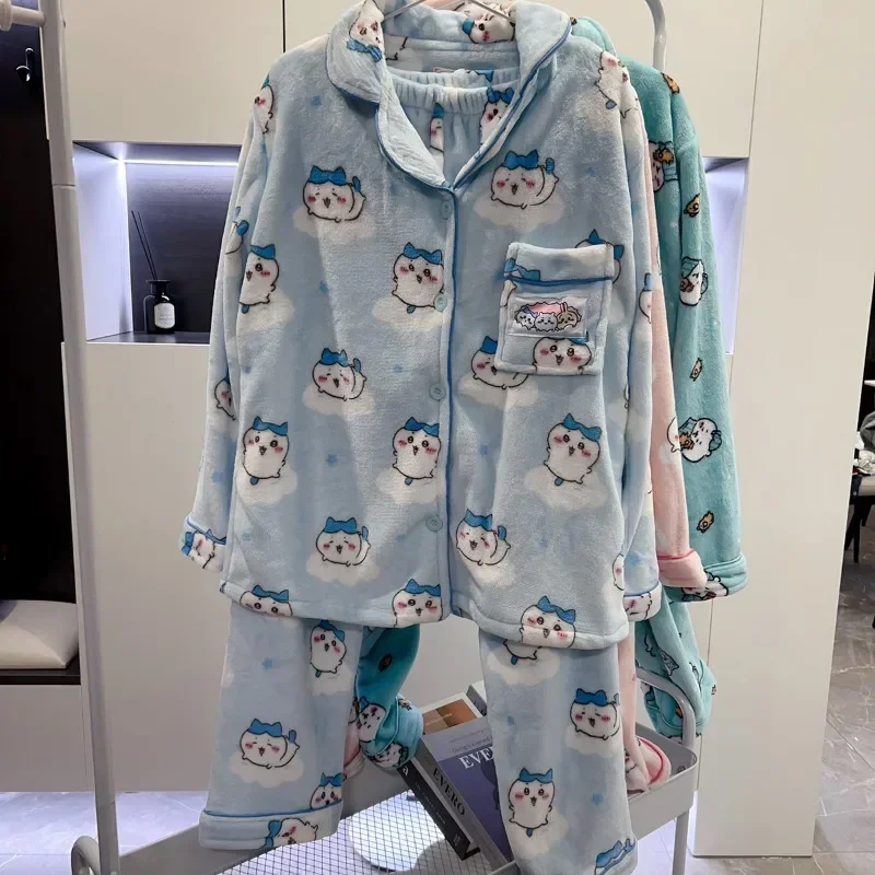 New Chikawa Flannel Thickened Winter Usagi Long Sleeved Pajama Pants Set for Women Plus Velvet Cute Blue Hachiware Home Clothes