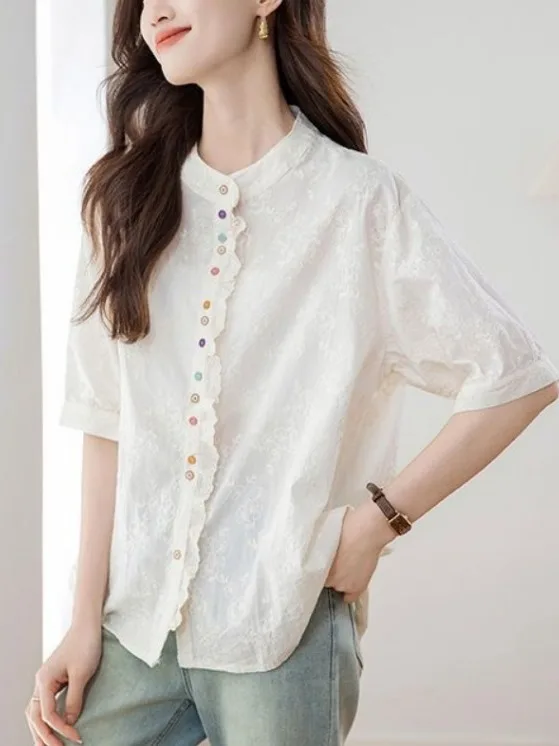 

Retro Embroidered Lace Trim Stand Collar Short Sleeve Women's Shirt Loose Casual Large Size Top Summer New Style 2026
