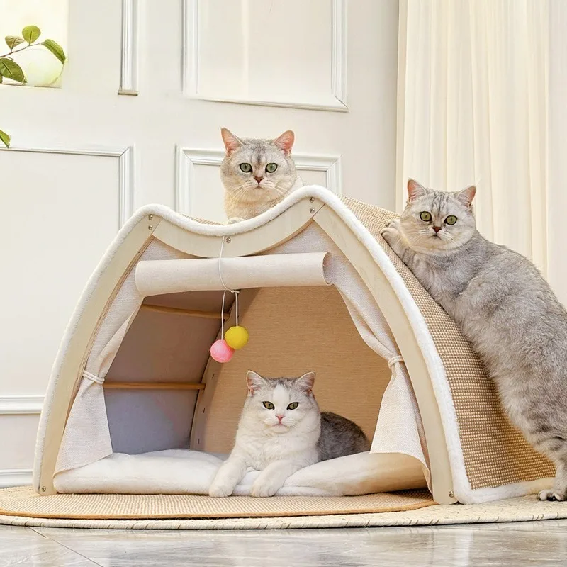 Cama para Gatos con Poste Rascador de Sisal, Universal para Todas las Estaciones, Caseta para Perros y Gatos, Rascador de Ratán para Gatos, Accesorios para Gatos