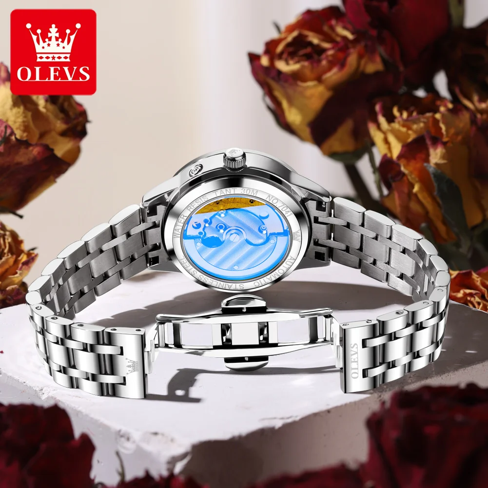 Jam Tangan Pasangan Romantis OLEVS 7041 Fashion Moon Phase Tahan Air Otomatis Mekanis untuk Wanita dan Pria Jam Tangan Tanggal