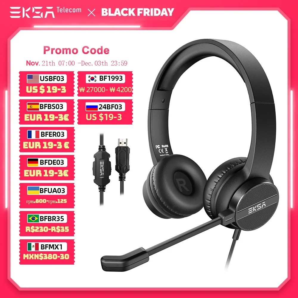 EKSA H12/H12E Wired Headset 3.5mm/USB On-Ear Computer Headphones with Rotatable Microphone Noise Cancelling for Call Center