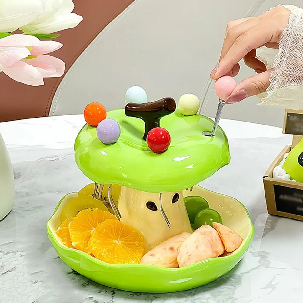 

Creative Colorful Fruit Fork Plate Set Comfortable Grip Decorative Dessert Fork with Holder Ceramic Holder Household