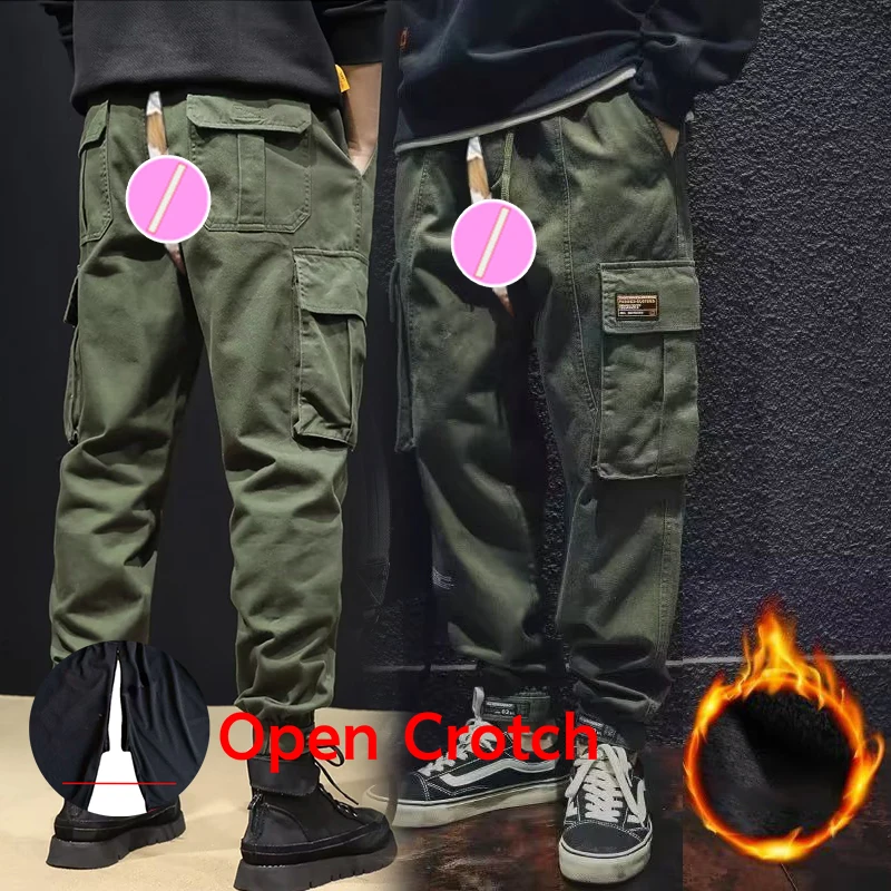 

Autumn Vintage Open Crotch Overalls Men Tactical Pants Outdoor Sex Casual Streetwear Large Size Fleece Baggy Sport Trousers Male