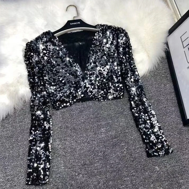 Damen Funkelndes Pailletten-Langarm-Crop-Top mit V-Ausschnitt und Offener Front, Glitzer-Bluse für Abendpartys, Nachtclubs, Raves und Festival-Outfits – Detail 1