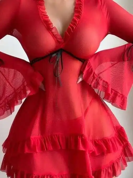 โปร่งใสลูกไม้ตาข่ายเซ็กซี่แขนยาว V คอสีทึบชุด Charming Casual Pure Desire สวยหวาน 5K6X