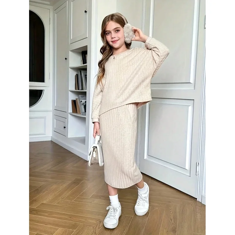 Solid Color Casual Long Sleeved Top + Apricot Dress Two-Piece Set Popular Style Suitable for Daily Travel