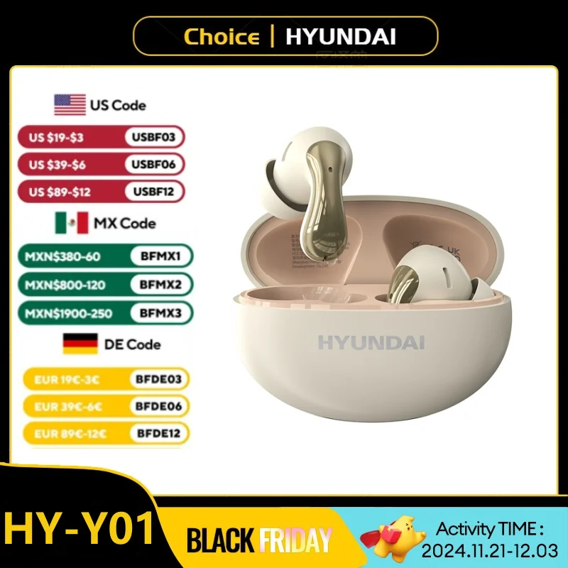 Choice HYUNDAI HY-Y01 TWS Wireless Headphones Bluetooth V5.3 HiFi Stereo Sound Earphones HD Call Long Battery Life Earbuds