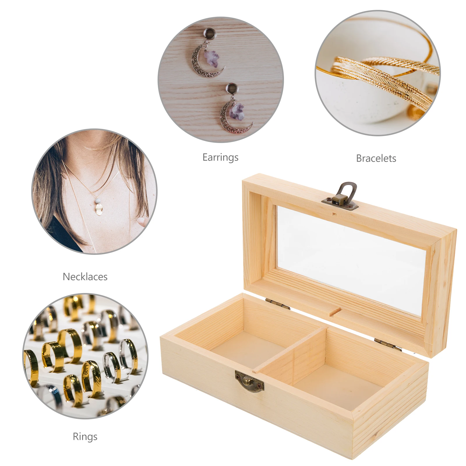 

Vintage Jewelry Box Wooden Storage Container 2 Compartment Hinged Lid Rings Earrings Organizer Case Large Capacity Gift Women