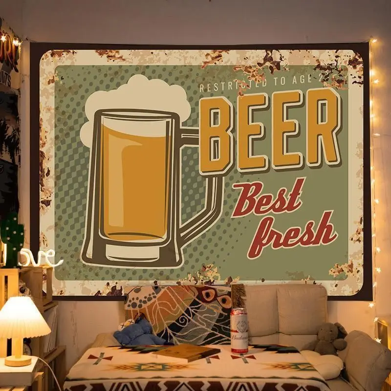 VIKAMA Vintage Freshly Brewed Beer Sign Tapestry Home Art Piece Wall Decor Bar Pub Man Cave Retro Alcohol Soft Durable Cozy Gift