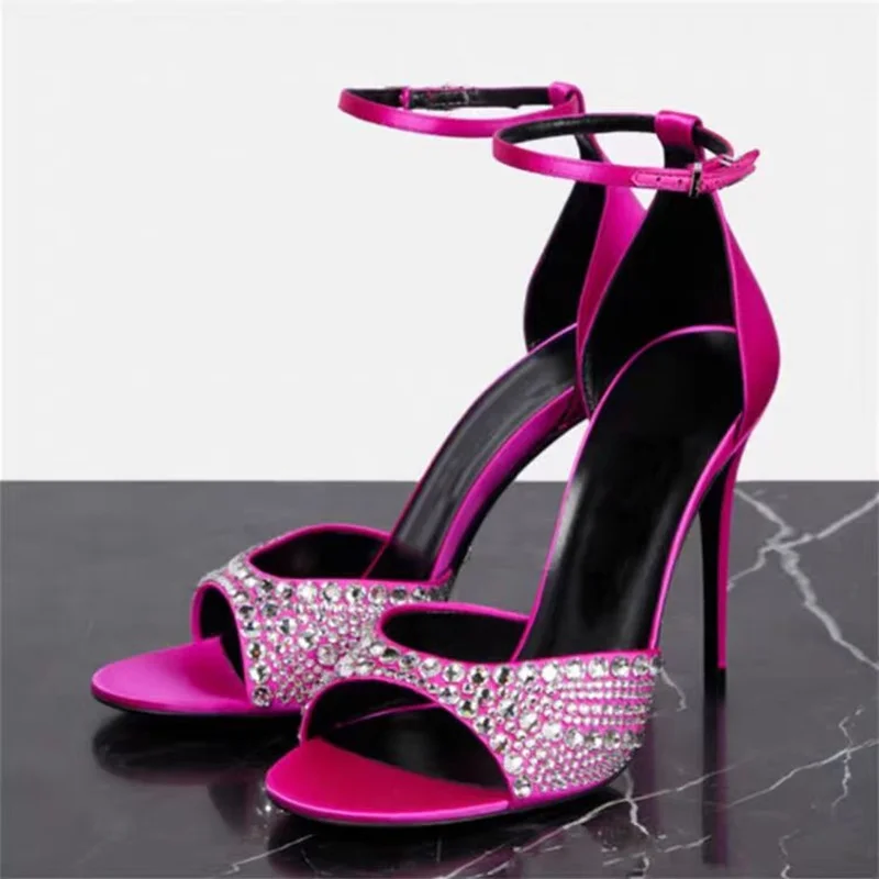 

Rose Red Buckle Hollow Diamond Sandals Peep Toe Thin High Heel Fashion Sexy Cool Summer Big Size Woman Shoes Zapatillas Mujer