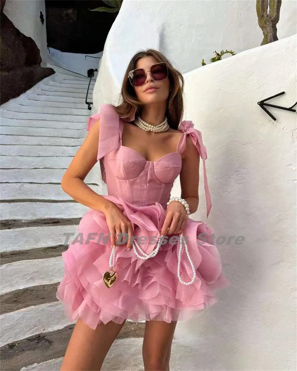 TAFN-precioso vestido de graduación Rosa plisado con tirantes para los hombros, vestidos de noche con escote Corazón, Mini batas románticas hechas a medida