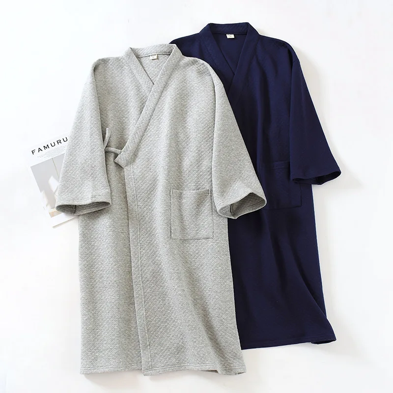 

Autumn Winter Men's Kimono Nightgown Bathrobe 100% Cotton Air Layer Padded Thickened Large Size Long Home Robe