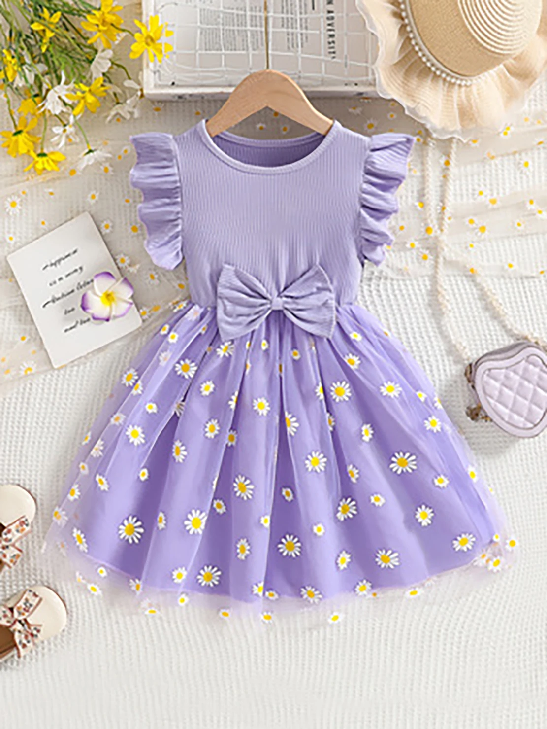 Girls' Purple Daisy Tulle Princess Dress, Summer Flutter Sleeve Bow Tutu Skirt