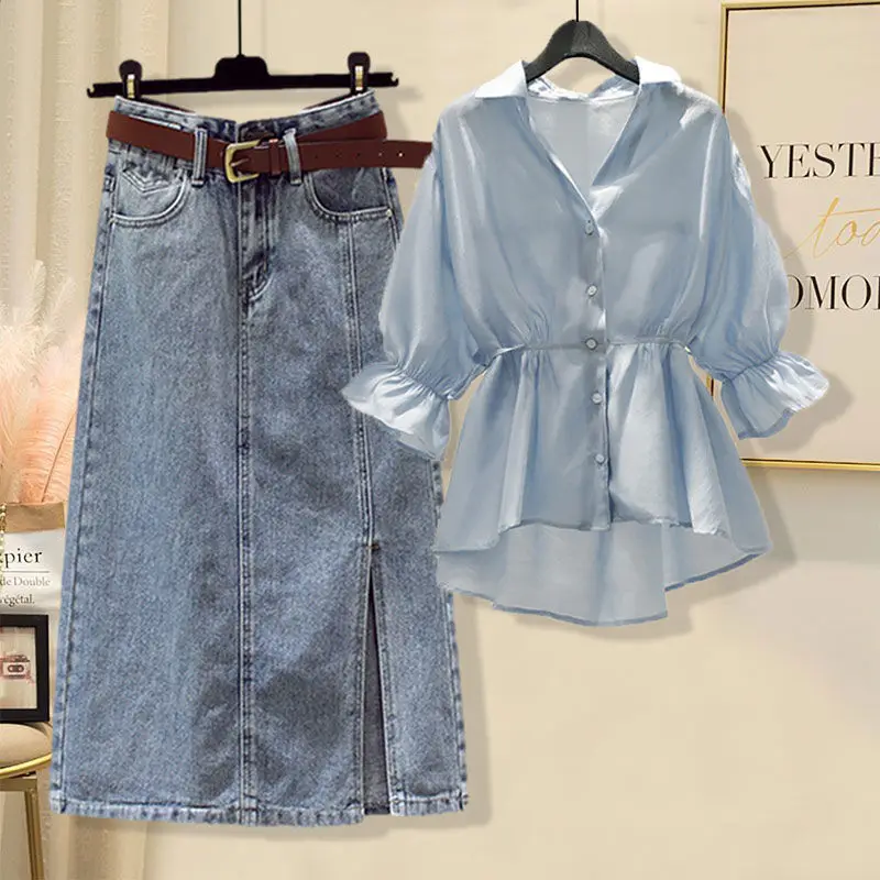 Large Size Spring and Summer Suit Women 2022 New Design Sense of Foreign Style Shirt Thin Denim Skirt Two Piece Set Women's Suit