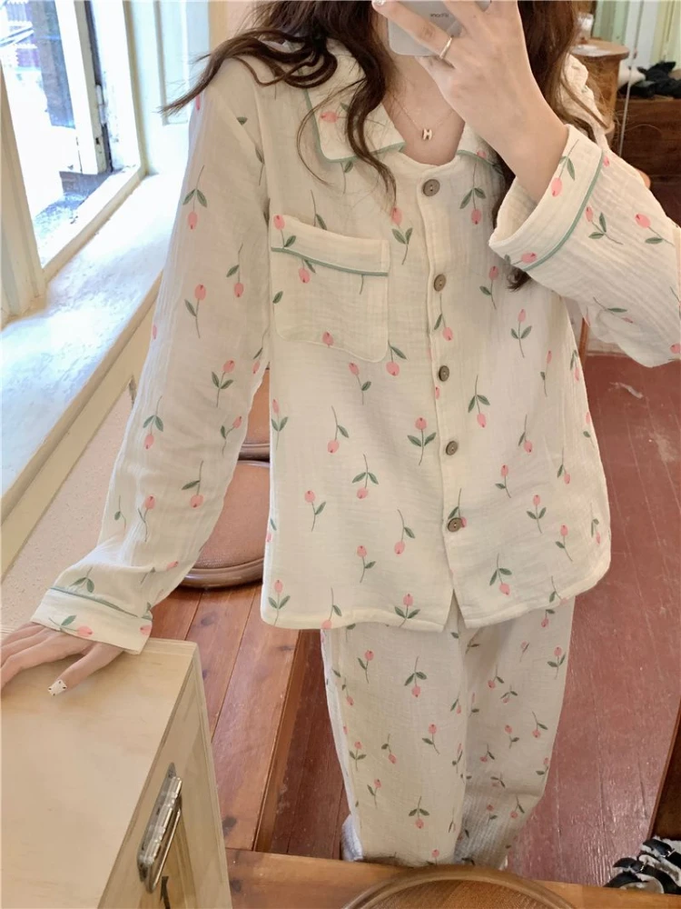 Pajama Sets Women Flowers Graceful Basics Delicate Korean Style Lovely Simple Ladies Home Comfort Special Age-reducing Tender