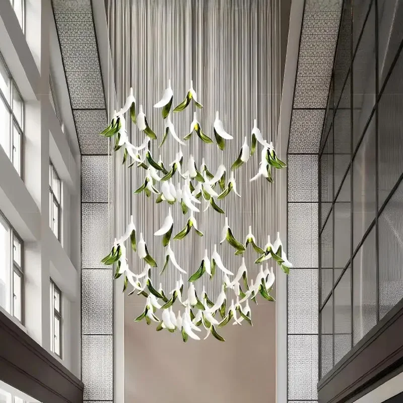 

2025 New French White Banana Peel Shade Lustre Chandelier, Dimmable Custom Hardware Pendant Lamp for Hotel, Light for Ceilings
