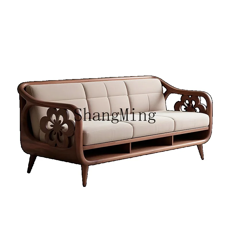 

ZHB medieval style three-person simple cream style solid wood black walnut fabric straight row sofa household living room sofa