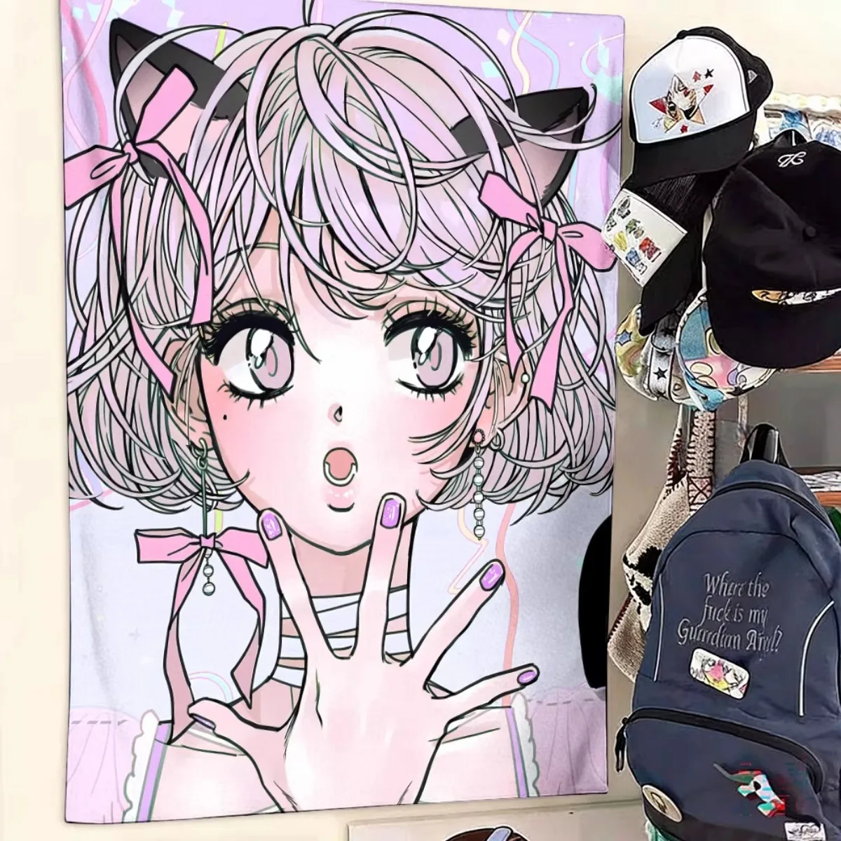 Tapiz de Pared con Orejas de Gato Estilo Anime, Diseño Kawaii, Color Rosa, Estética Y2K, Tela Decorativa con Diseño de Chica Neko para Dormitorio, Estilo Ins