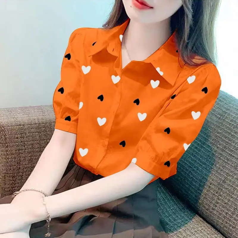 Korean Women\'s Clothing Printing Short Sleeve Shirts Ladies Casual All-match Tops Turn-down Collar Summer Office Lady Blouses