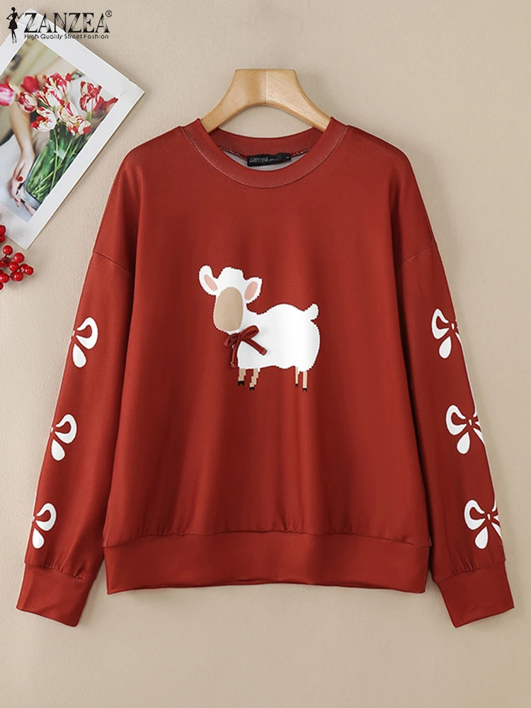 ZANZEA Women Cartoon Print Pullover 2025 Spring Thin Knit Tees Casual Loose New Year Clothes Holiday Long Sleeve T-shirts Femme