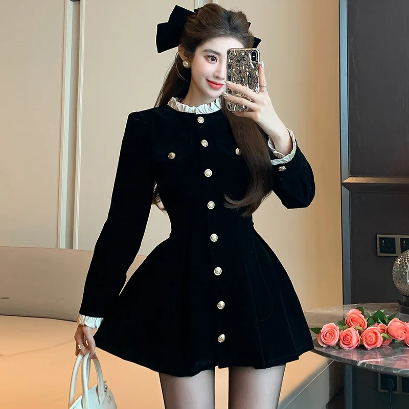 Long Sleeve Mini Dress Women Seductive Famous Lady Velvet Patchwork Button-up A-line Streetwear Elegant Temper Ulzzang Trendy