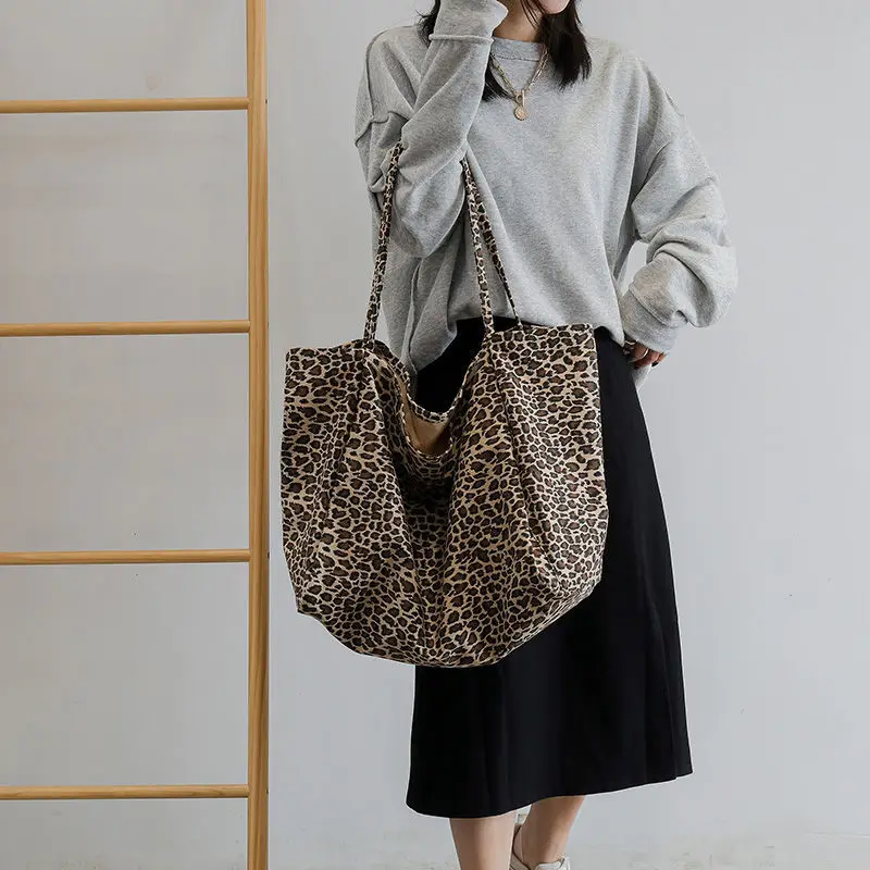 Large Capacity Leopard Print Tote Bag Canvas Handbag Female Women Fashion Casual Shopping Eco Friendly Shoulder Bag